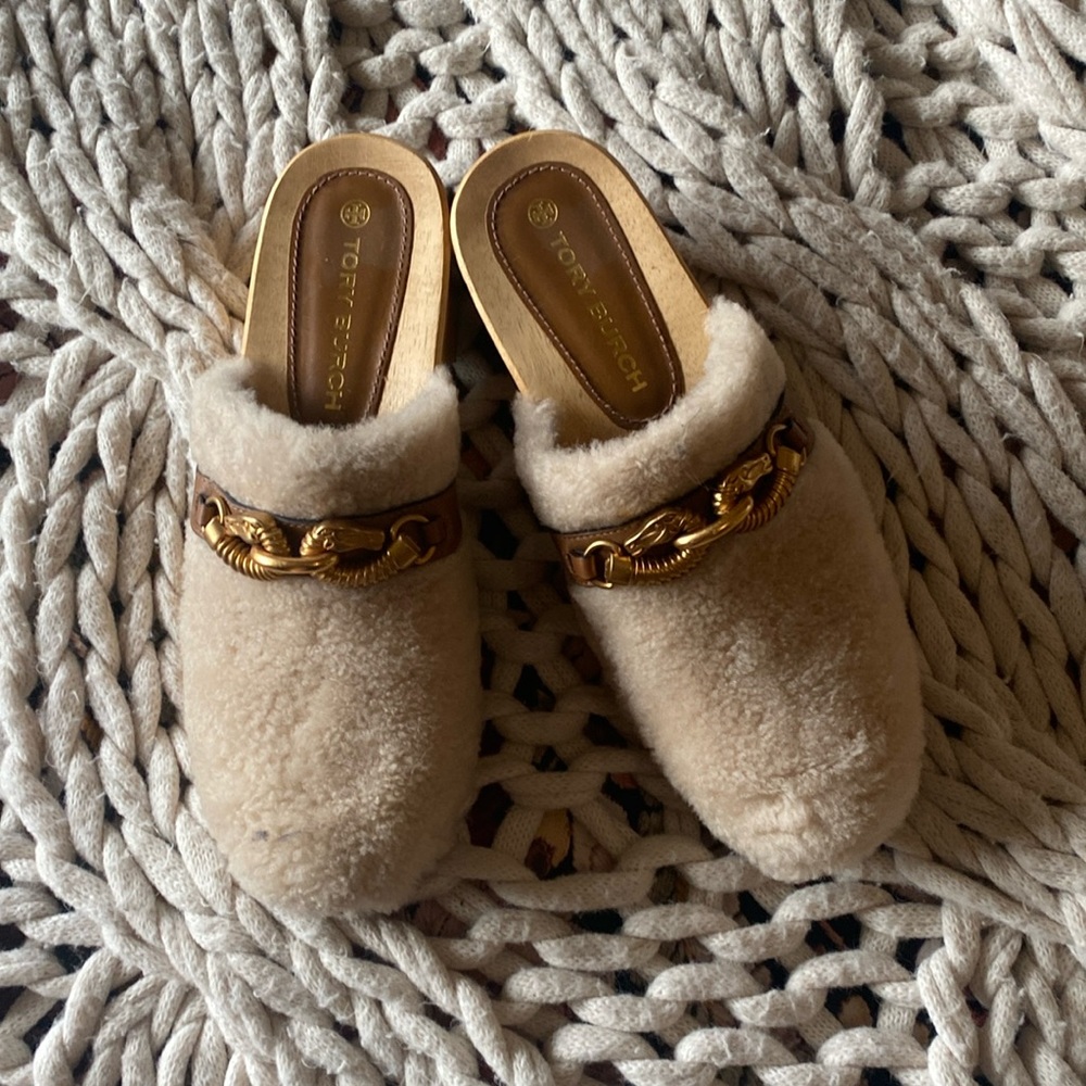 Tory Burch Cream Mules with Gold Accent
